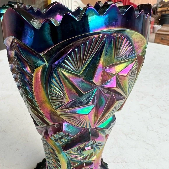 Vintage Blue Purple Carnival Glass Vase